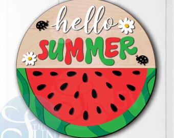 Watermelon Summer Door Hanger Svg, Hello Summer Welcome Sign, Watermelon Svg, Round door hanger svg, Glowforge laser file, Summer Door Sign
