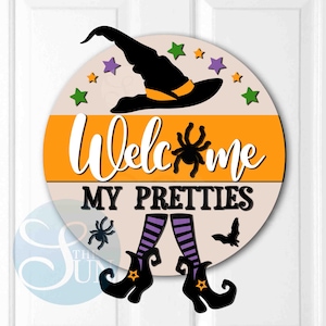 Welcome My Pretties Spider Web Sign, Digital download, Glowforge laser file, Cricut, Halloween Round door hanger svg, Halloween welcome svg