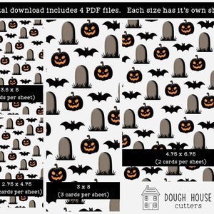 Może przedstawiać: Cztery drukowane wzory kartek na Halloween z powtarzającym się wzorem czarnych nietoperzy, szarych nagrobków i pomarańczowych dyni na białym tle. Wzory są dostępne w czterech rozmiarach: 3,5 x 5 cali, 2,75 x 4,75 cali, 3 x 8 cali i 4,75 x 6,75 cali. Tekst "DOUGH HOUSE cutters" znajduje się na dole obrazu.