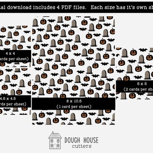 Może przedstawiać: Cztery drukowalne arkusze PDF z wzorami foremek do ciasteczek w stylu Halloween. Wzory obejmują dynię, nagrobek i nietoperza. Arkusze są oznaczone rozmiarem foremek do ciasteczek i liczbą foremek na arkusz. Tekst "DOUGH HOUSE cutters" znajduje się na dole obrazu.