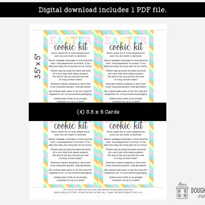 Può includere: Quattro schede stampabili per un kit di biscotti pasquali con uno sfondo a righe pastello. Le schede misurano 3,5 pollici per 5 pollici e presentano istruzioni per decorare i biscotti. Il testo sulle schede recita "Easter Cookie Kit".