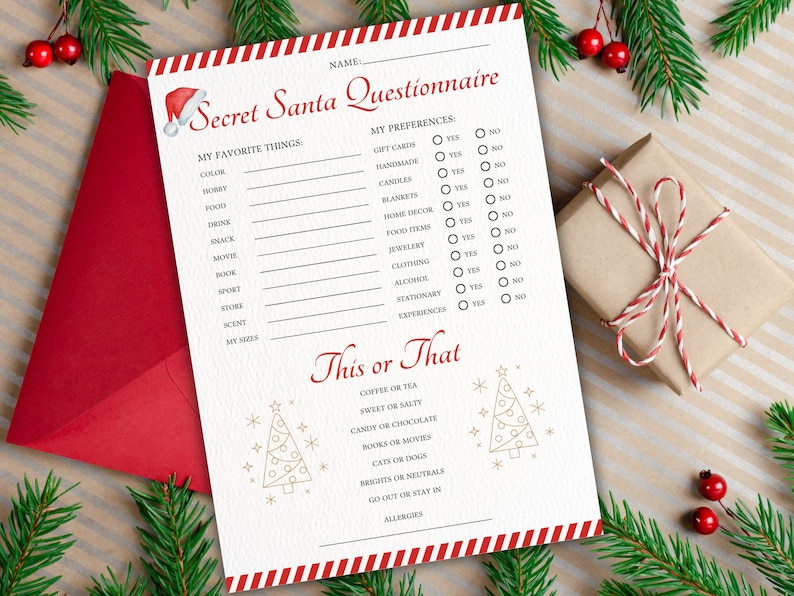 Secret Santa Questionnaire for Coworkers Printable Template - Etsy