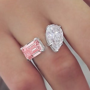 6 Carat Moissanite Toi Et Moi Ring: Pear & Pink Emerald Cut, 14K White Gold