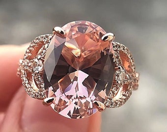 5 CT Morganite Oval Cut Engagement Ring, 14k Rose Gold Solitary Wedding Ring, Unique Half Eternity Promise Ring, Anniversary Ring For Gift