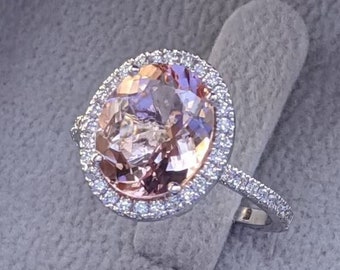 3.5 CT Oval Cut Morganite Engagement Ring, 14k White Gold Half Eternity Wedding Ring, Morganite Diamond Halo Ring, Anniversary Ring For Gift
