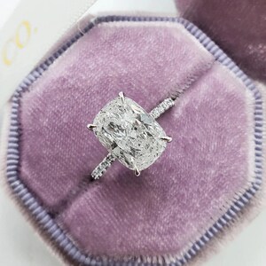 2.50 CT Cushion Cut Moissanite Ring: 14k White Gold Invisible Halo