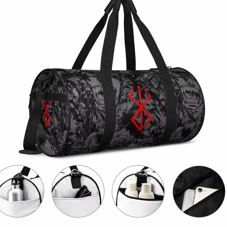 May include: A black and grey duffel bag featuring a red graphic. It has black handles and a shoulder strap. The bag includes multiple pockets, such as a side pocket with a water bottle, a pocket with a phone, and a pocket with toiletries.