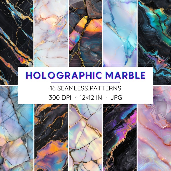 16 Seamless Holographic Marble Stone Patterns - Digital Papers - High Resolution - Instant Download