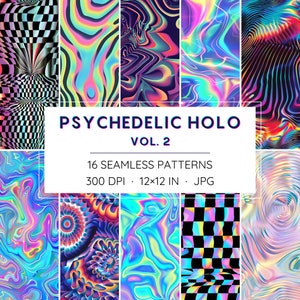 16 bezszwowych wzorów holograficznych psychodelicznych - Trippy Digital Papers - wysoka rozdzielczość - natychmiastowe pobranie