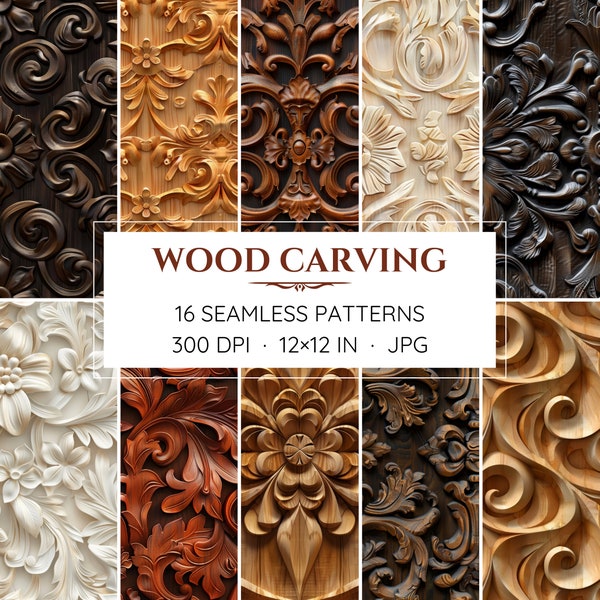 16 Seamless Wood Carving Patterns - Digital Papers - 3D Textured Backgrounds - High Resolution - Instant Download