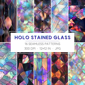 16 Seamless Holographic Stained Glass Patterns - Digital Papers - High Resolution - Instant Download
