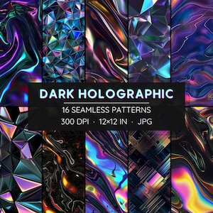 16 patrones holográficos oscuros sin costuras - Papeles digitales (descarga instantánea)
