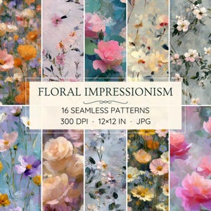 16 patrones florales impresionistas sin costuras: flores pintadas de inspiración vintage - Papeles digitales (descarga instantánea)