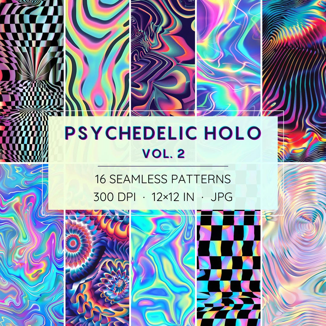 16 Seamless Psychedelic Holo Patterns - Trippy Digital Papers (instant ...