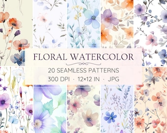 20 Seamless Floral Watercolor Patterns - Digital Papers (Instant Download)