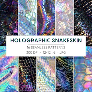 16 motifs holographiques sans couture en peau de serpent - écailles de reptiles irisées - papiers numériques - haute résolution - téléchargement immédiat