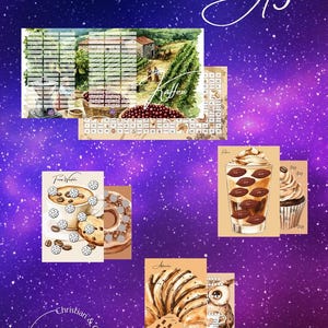 Könnte beinhalten: Eine Sammlung von Illustrationen zum Thema Kaffee auf einem lila-blauen Sternenhintergrund. Die Bilder zeigen Kaffeebohnen, eine Kaffeefarmszene, Kaffeegetränke, Gebäck und den Text "Christian & Gaby Chwaren".