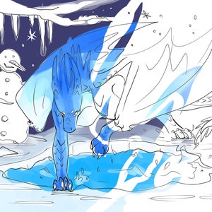 Puede incluir: Ilustraci&oacute;n digital de un drag&oacute;n azul en una escena invernal. El drag&oacute;n es el punto focal, con un mu&ntilde;eco de nieve y copos de nieve cayendo en el fondo. Las alas del drag&oacute;n son blancas, y la paleta de colores general es azul y blanco.