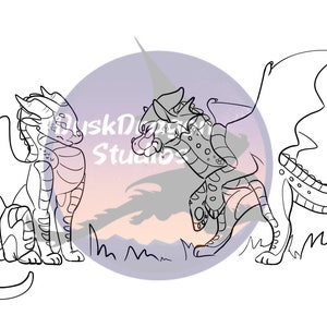 Puede incluir: Ilustraci&oacute;n en blanco y negro de tres dragones en varias poses. Los dragones tienen alas, escamas y cuernos. El fondo presenta una puesta de sol y el texto "DuskDesignStudios" en un c&iacute;rculo.