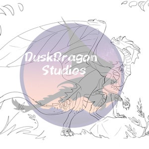 Puede incluir: Ilustraci&oacute;n en blanco y negro de un drag&oacute;n con grandes alas en forma de hoja, de pie sobre una roca. El drag&oacute;n est&aacute; detallado con patrones intrincados. Incluye el texto "DuskDragon Studios".