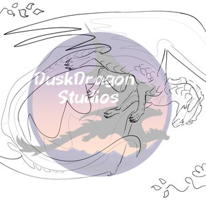 Puede incluir: Ilustraci&oacute;n de l&iacute;nea de un drag&oacute;n en un dise&ntilde;o circular con un fondo morado y naranja. El drag&oacute;n est&aacute; en una pose de descanso, con las alas extendidas. El texto "DuskDragon Studios" est&aacute; en el centro, y "Sunny" est&aacute; escrito en cursiva.