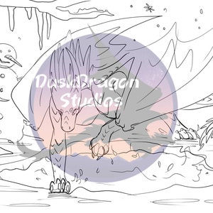 Puede incluir: Ilustraci&oacute;n en blanco y negro de un drag&oacute;n en una escena invernal con un mu&ntilde;eco de nieve. El drag&oacute;n tiene grandes alas y est&aacute; de pie en la nieve. La imagen incluye el texto "Dusty Dragon Studios".