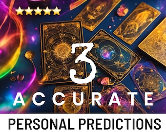 May include: An image featuring tarot cards with gold accents and celestial designs. The text reads "TAROT READING" and "3 ACCURATE PERSONAL PREDICTIONS". Five gold stars are visible. The background is a dark blue with colorful light streaks.