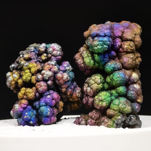 Könnte beinhalten: Zwei Cluster aus irisierendem Pyrit, die ein Farbspektrum von Blau über Grün und Gelb bis hin zu Violett aufweisen. Die Mineralformationen liegen auf einem Bett aus weißem Material vor einem schwarzen Hintergrund, wodurch ihre lebendigen Farbtöne und einzigartigen Texturen hervorgehoben werden.