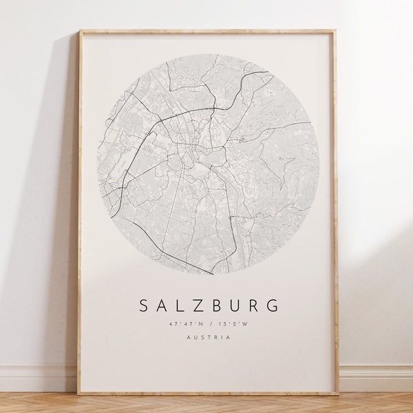 Salzburg Map, Map Prints, Modern Home Decor, Modern Map Print, Printable Map, Minimalist Map, Map Gifts, Gift Ideas, Salzburg, City Maps