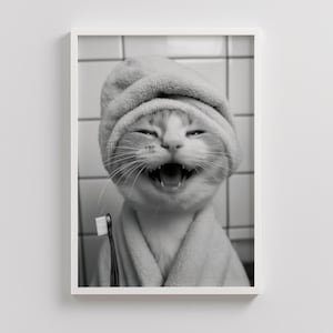 Adorable Cute Smiling Cat Toothbrushing in Bath Printable Wall Art, Cat Photo, Cat Art, Bathroom Art Print, Wall Art, Toothbrush