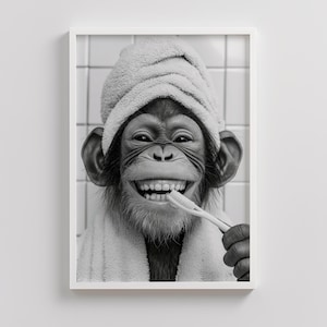 Adorable Cute Smiling Monkey Toothbrushing in Bath Printable Wall Art, Monkey Photo, Monkey Art, Bathroom Art Print, Wall Art, Toothbrush