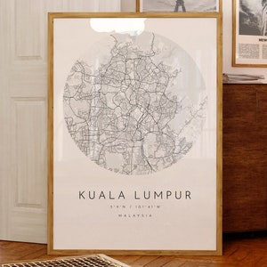 Impression de carte de Kuala Lumpur, ville de Kuala Lumpur, affiche de carte de Kuala Lumpur, impression de carte de la ville, carte minimaliste, idées cadeaux, plan noir et blanc, plan de la ville