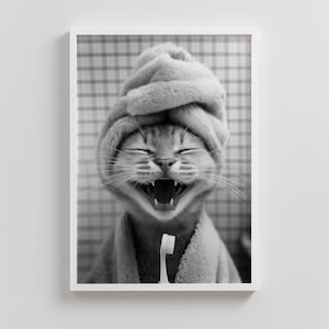 Adorable Cute Smiling Cat Toothbrushing in Bath Printable Wall Art, Cat Photo, Cat Art, Bathroom Art Print, Wall Art, Toothbrush