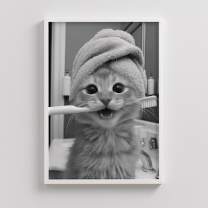 Adorable Cute Smiling Cat Toothbrushing in Bath Printable Wall Art, Cat Photo, Cat Art, Bathroom Art Print, Wall Art, Toothbrush
