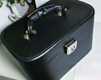 Estuche de belleza vintage, estuche de cosméticos negro, caja de belleza de mediados de siglo, estuche de maquillaje, estuche de maquillaje, estuche de tocador retro de los años 70, maleta de viaje vintage