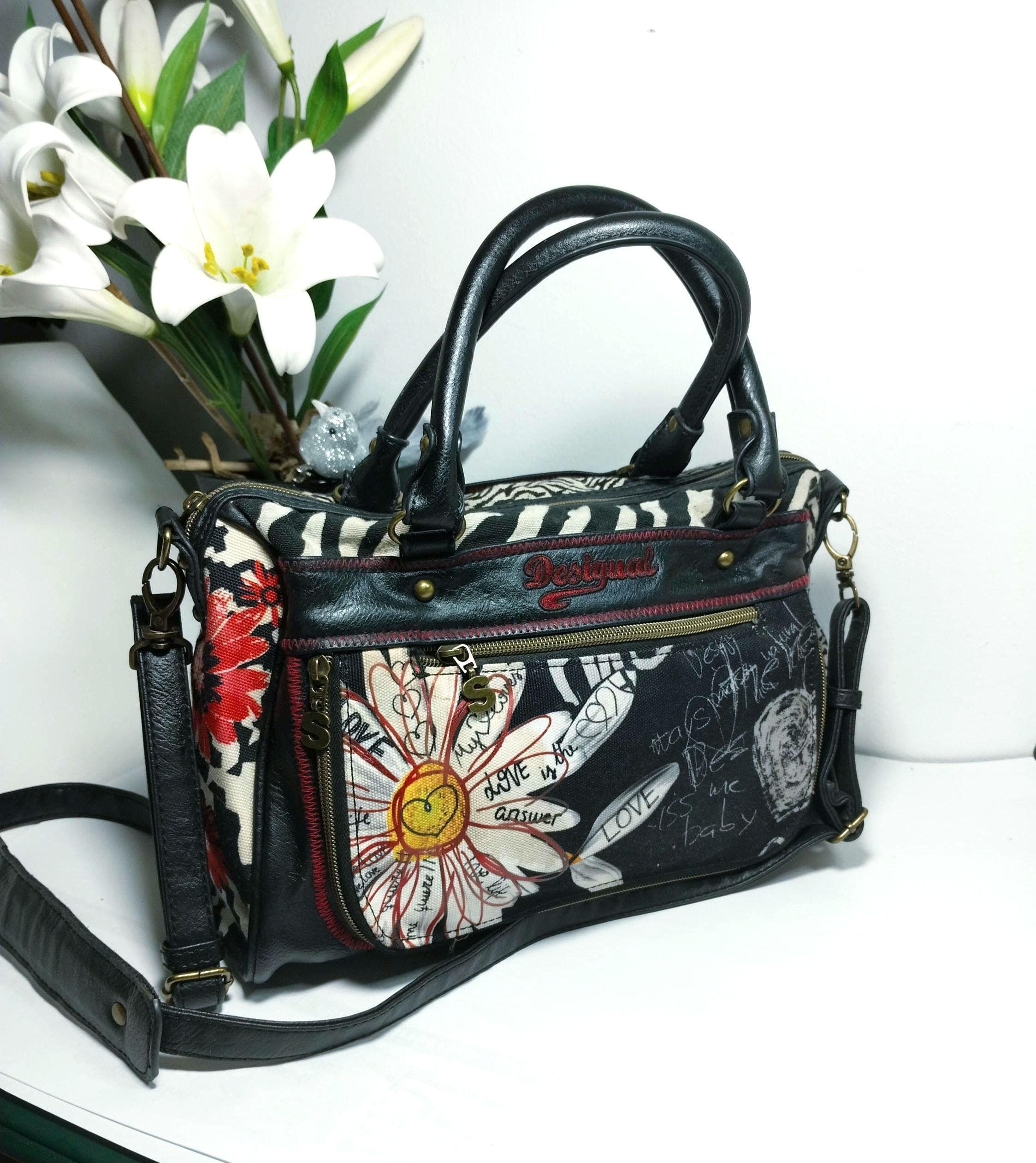 Desigual Handbag, Leather Canvas, Floral Zebra Design Shoulder Bag