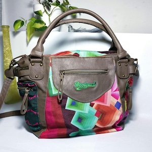 Desigual Handtasche Leder Canvas geometrisches Muster bunt Y2K Design Schultertasche mit Riemen 2000er Vintage Style original Desigual Tasch
