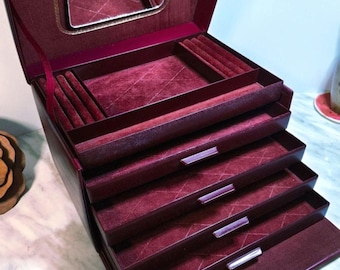 Jewelry case, Bordeaux red, Swiss Made, 1990s style, faux leather, velvet lining, mirror, drawers, jewelry box, storage case