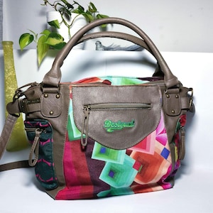 Desigual handbag, leather and canvas, geometric pattern, colorful, Y2K design, shoulder bag with strap, 2000s vintage style, original Desigual bag
