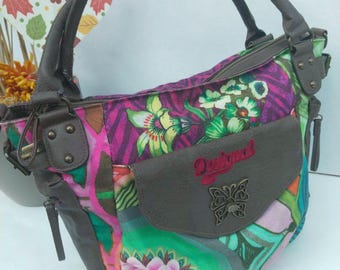 Desigual handtas, kleurrijke roze bloemenborduurwerk met leren afwerking, vintage canvas stadstas, schoudertas, retro patchwork boho tas