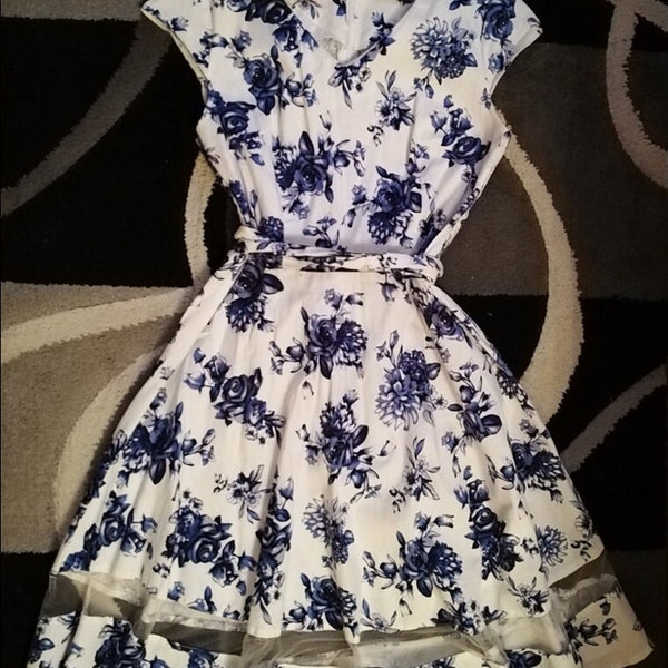 Retro 50er Jahre Gardenwed Kleid, Rocka-Billy.. Floral, blau/ weiß.. Gr. DE 36/38