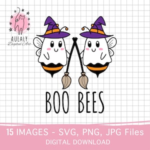 Può includere: Due fantasmi dei cartoni animati vestiti da api con cappelli da strega che tengono scope. Il testo "BOO BEES" è sotto i fantasmi.