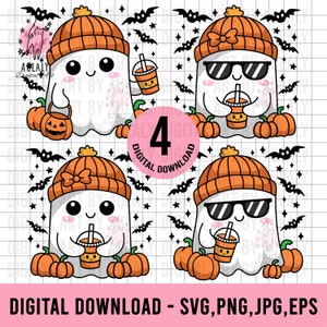 4 Cute Ghost, Cute Ghost Halloween, Halloween png, Ghost Halloween Png, coffee png, bougie png, Halloween shirt design, Cute Ghost Png