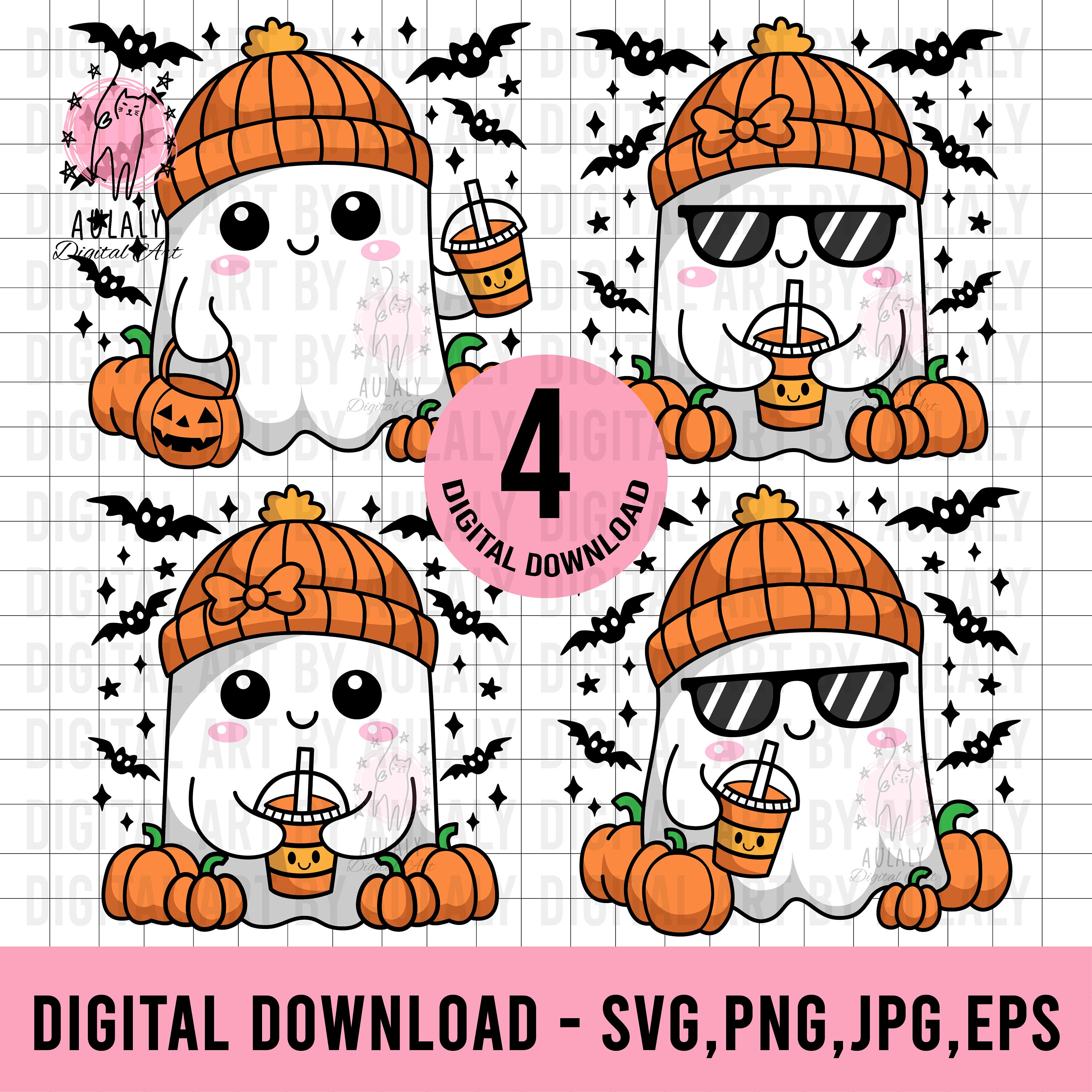 4 Cute Ghost, Cute Ghost Halloween, Halloween png, Ghost Halloween Png, coffee png, bougie png, Halloween shirt design, Cute Ghost Png