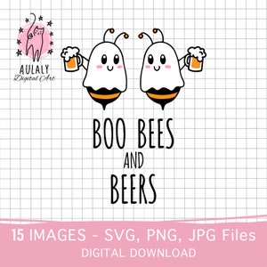 Könnte beinhalten: Eine digitale Grafik mit zwei Cartoon-Geisterbienen, die Bierkrüge halten. Darunter steht der Text "BOO BEES AND BEERS". Das Bild enthält auch den Text "15 IMAGES - SVG, PNG, JPG Files DIGITAL DOWNLOAD".