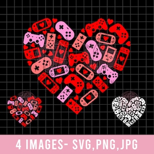 May include: A red and pink heart-shaped design made up of video game controllers and handheld game consoles. The design is perfect for a gamer's Valentine's Day card or gift.