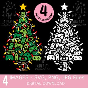 May include: A digital download of four images featuring a green and white Christmas tree made of video game controllers and handheld consoles. The text "4 IMAGES - SVG, PNG, JPG Files DIGITAL DOWNLOAD" is at the bottom of the image.