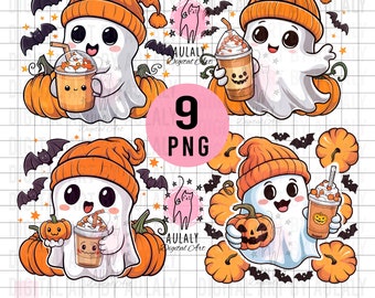 9 Cute Ghost Png, Bundle Halloween Png, Halloween png, Ghost Halloween Png, coffee png, bougie png, bougie ghost, Halloween shirt design