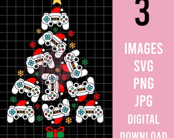 May include: A Christmas tree design made up of video game controllers wearing Santa hats. The tree is on a black and white grid background. The text "3 IMAGES SVG PNG JPG DIGITAL DOWNLOAD" is on a pink background.