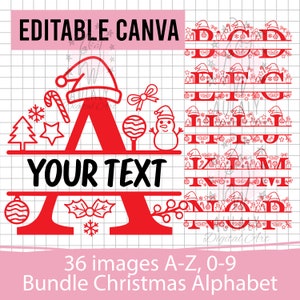 May include: A set of 36 red Christmas alphabet letters and numbers. Each letter is decorated with a variety of Christmas elements, including a Santa hat, a candy cane, a snowman, a Christmas tree, and a star. The letters are designed to be used in a split monogram style, with the top and bottom portions of the letter separated. The text "YOUR TEXT" is displayed below the letter A.
